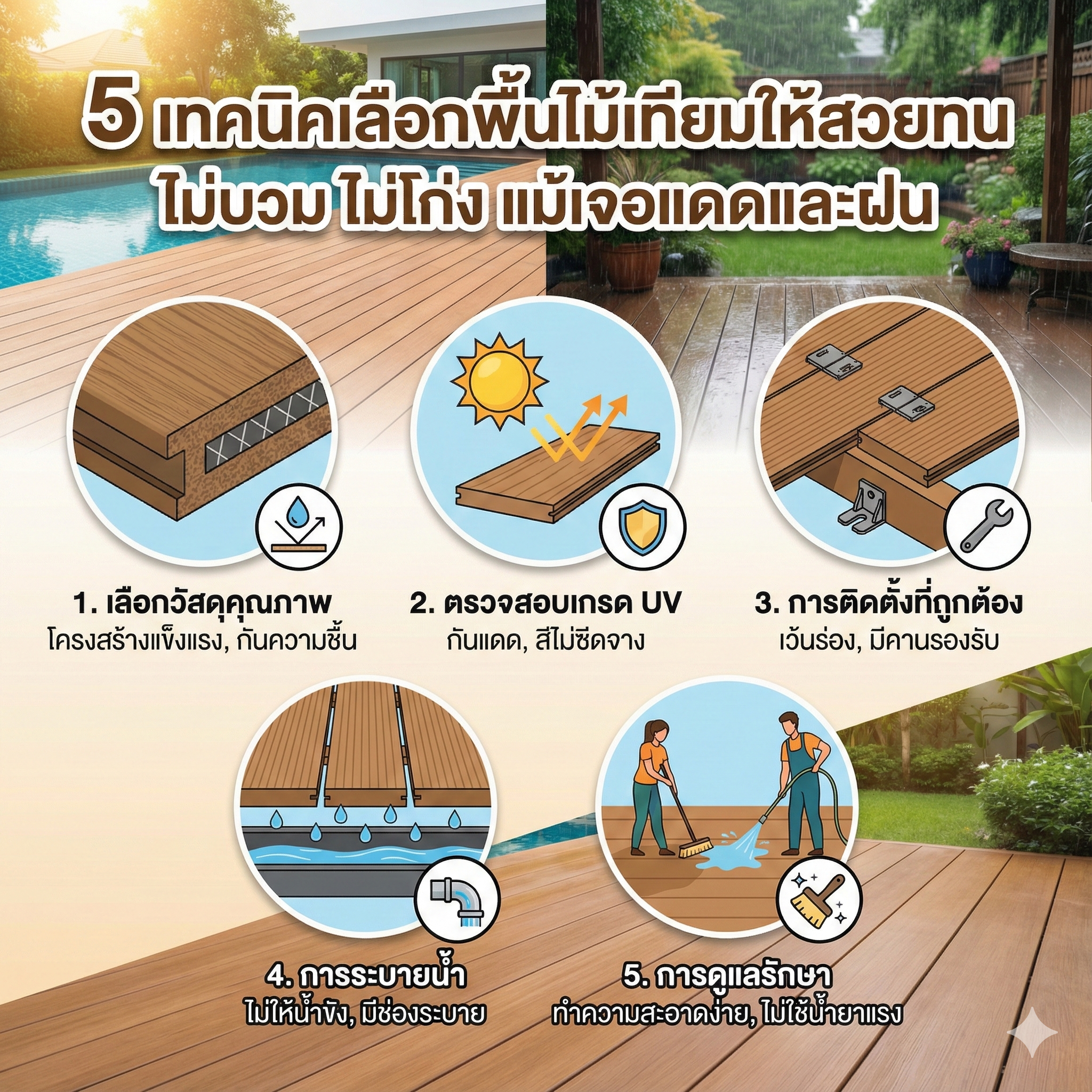 5 เทคนิคเลือกพื้นไม้เทียมให้สวยทน ไม่บวม ไม่โก่ง แม้เจอแดดและฝน