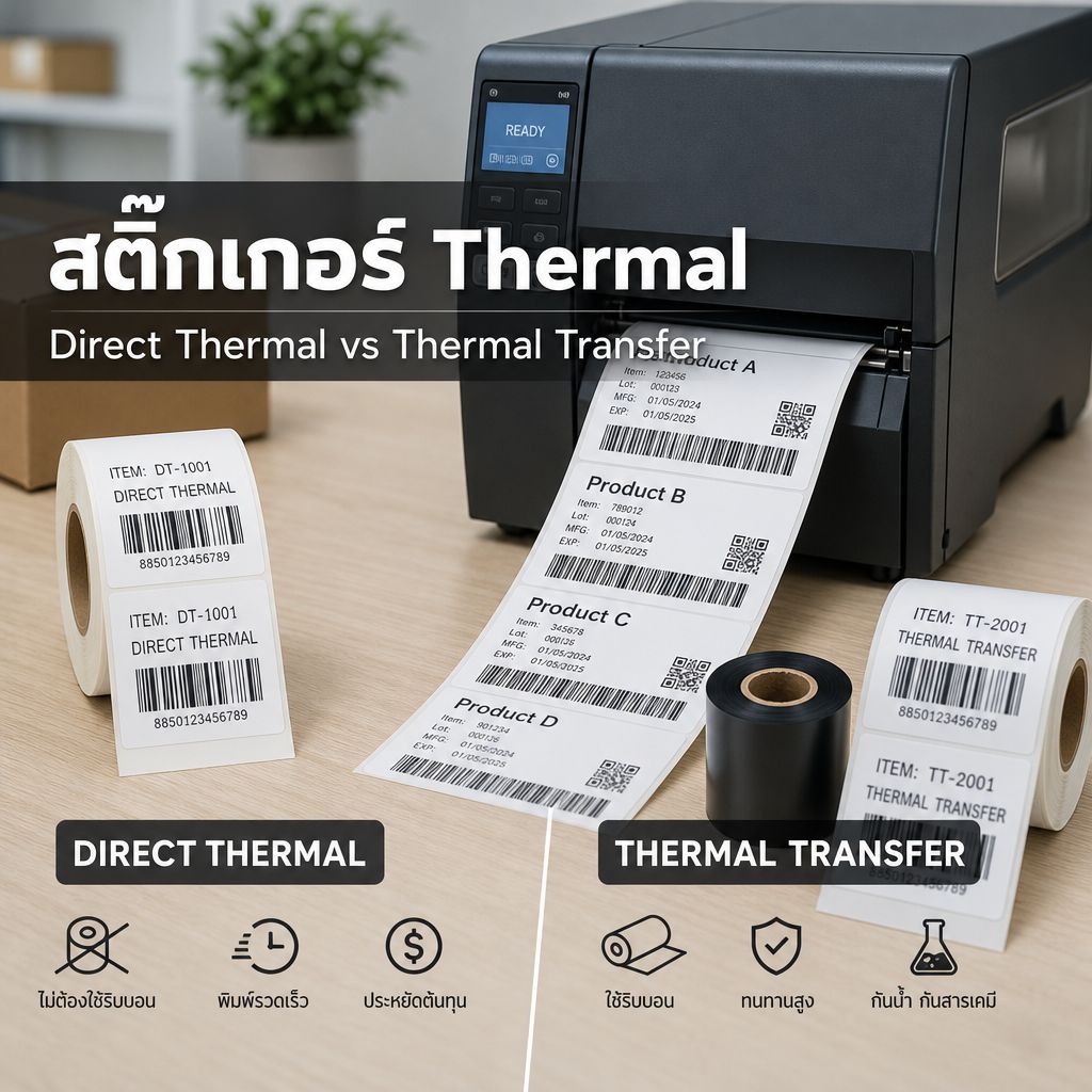 สติ๊กเกอร์ Thermal: เปรียบเทียบ Direct Thermal vs Thermal Transfer และวิธีเลือกให้เหมาะกับงาน